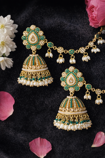 Elegant Bahubali Earrings with Green and Gold Detailing - Bahubali Earrings | Savyra