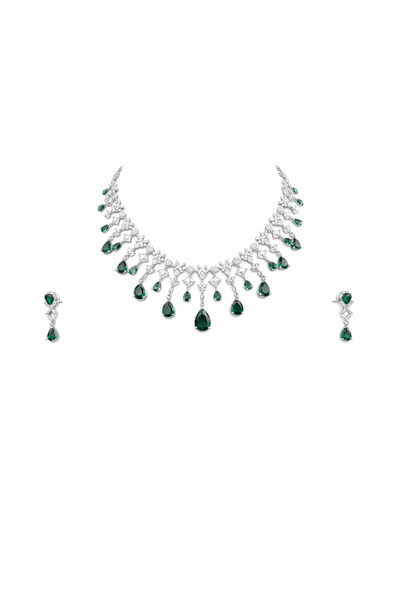 Elegant Green and Silver AD Necklace Set with Earrings - AD Necklaces | Savyra