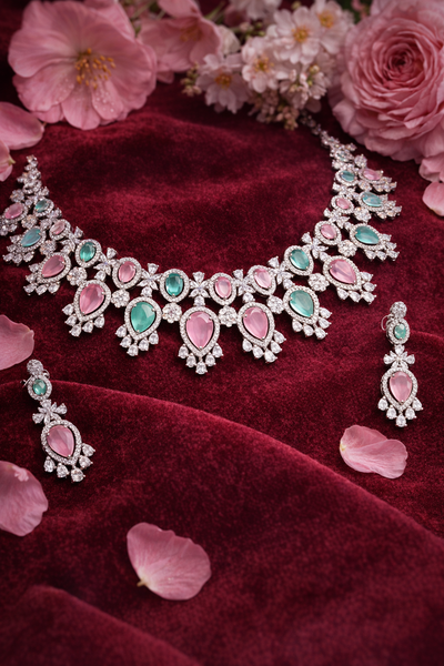 Exquisite AD Necklace with Pink and Green Gemstones - AD Necklaces | Savyra