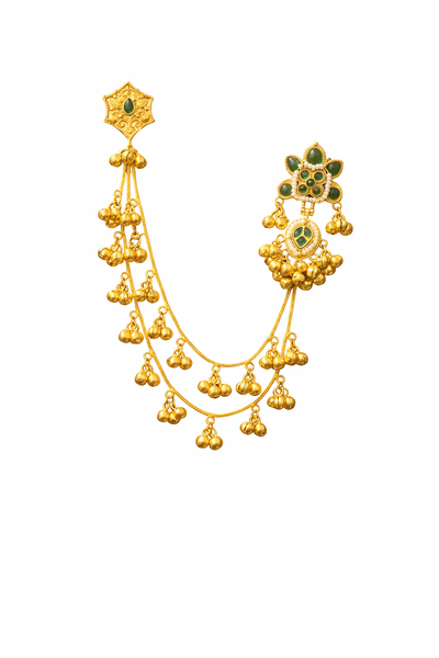 Elegant Gold and Green Kashmiri Earrings with Chain Tassel - Kashmiri Earrings | Savyra