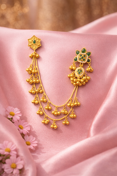 Elegant Gold and Green Kashmiri Earrings with Chain Tassel - Kashmiri Earrings | Savyra