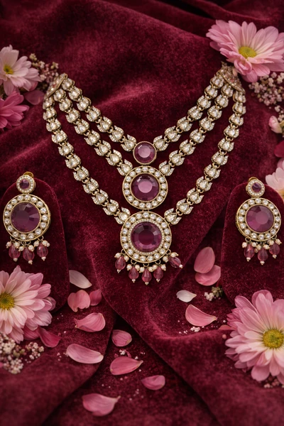 Elegant Kundan Necklace Set with Purple Gemstones - Kundan and Polki | Savyra