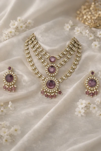 Elegant Kundan Necklace Set with Purple Gemstones - Kundan and Polki | Savyra