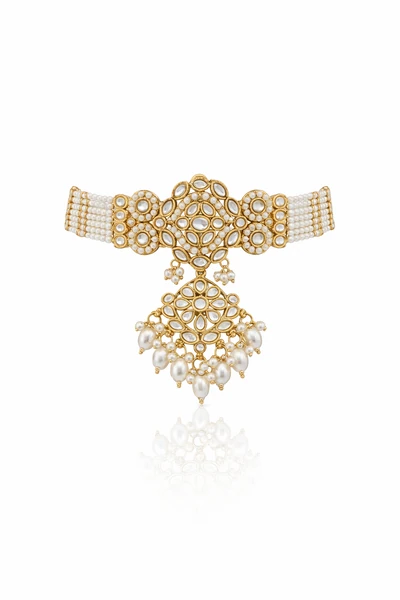 Elegant Kundan Choker Necklace Set with Pearls and Maang Tika - Kundan and Polki | Savyra