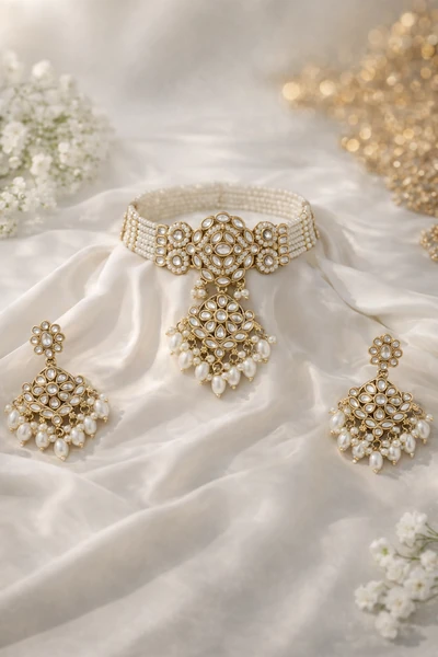 Elegant Kundan Choker Necklace Set with Pearls and Maang Tika - Kundan and Polki | Savyra