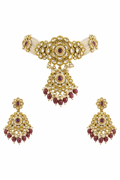 Elegant Kundan Choker Necklace Set with Maang Tika - Kundan and Polki | Savyra