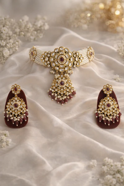 Elegant Kundan Choker Necklace Set with Maang Tika - Kundan and Polki | Savyra