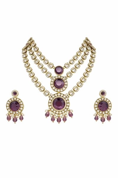 Elegant Kundan Necklace Set with Purple Gemstones - Kundan and Polki | Savyra
