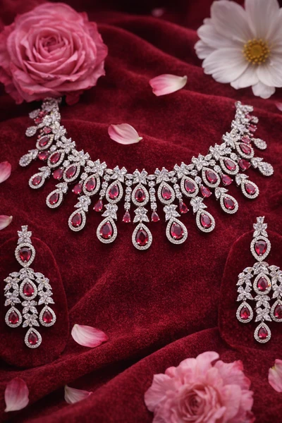Elegant Ruby Red and CZ Statement Necklace Set - AD Necklaces | Savyra