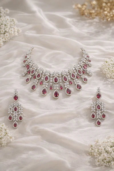 Elegant Ruby Red and CZ Statement Necklace Set - AD Necklaces | Savyra