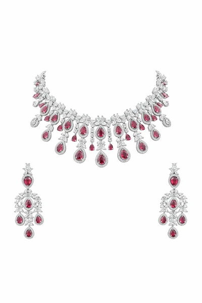 Elegant Ruby Red and CZ Statement Necklace Set - AD Necklaces | Savyra