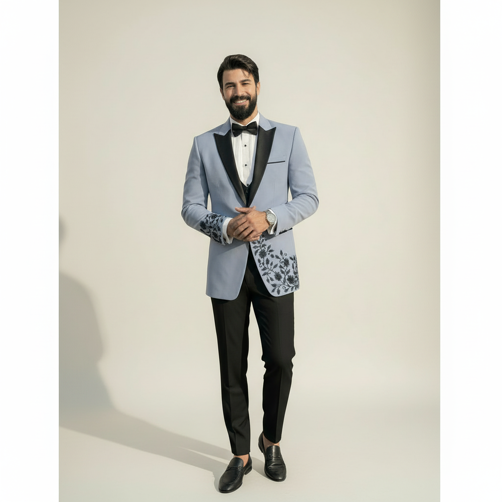 Grey Floral Embroidered Tuxedo with Trousers