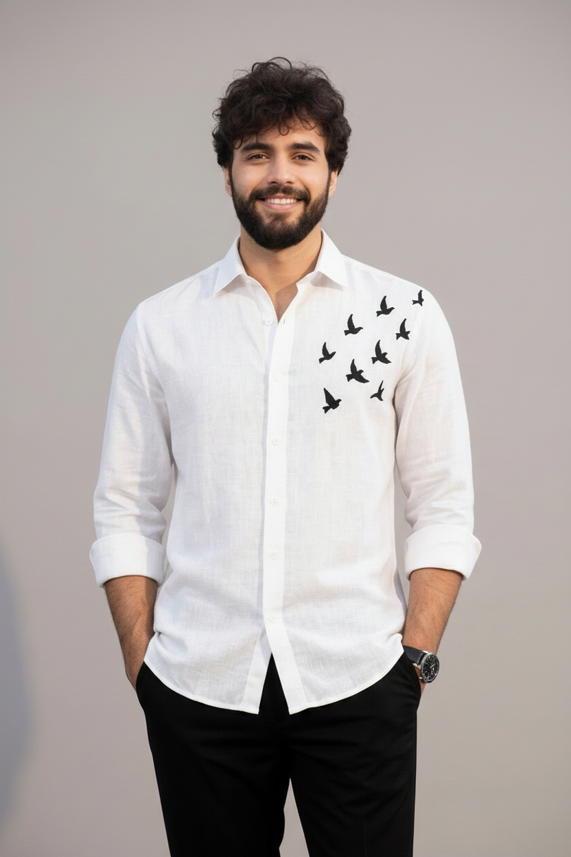 Men's White Linen Shirt with Hand Painted Birds | The Royal Edition