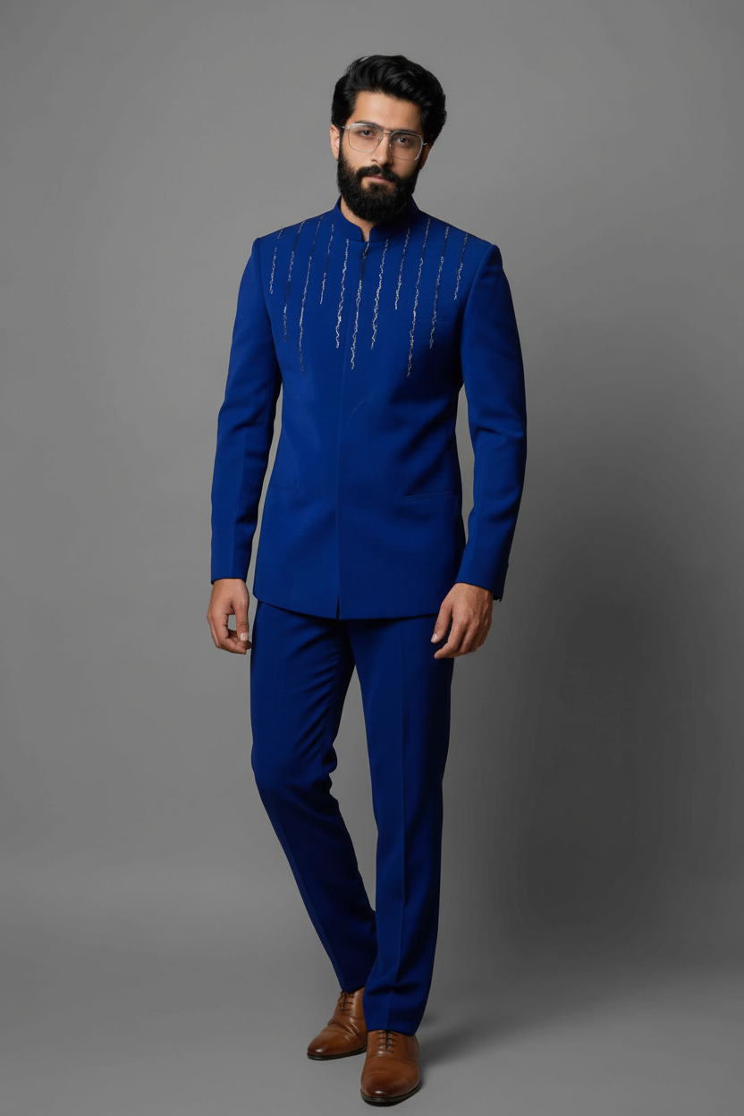 Men's Royal Blue Embroidered Jodhpuri Suit (Royal Azure)