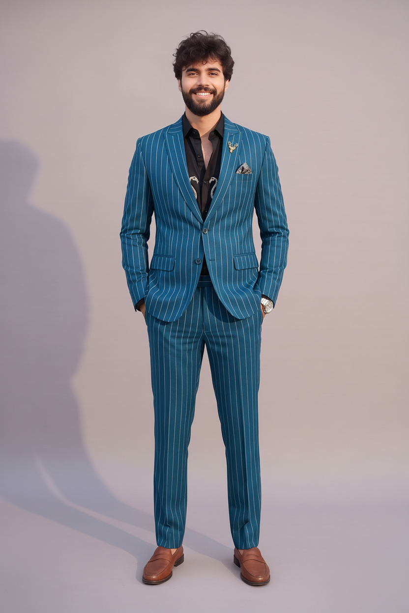 Men's teal pinstripe two-piece suit (Maverick)