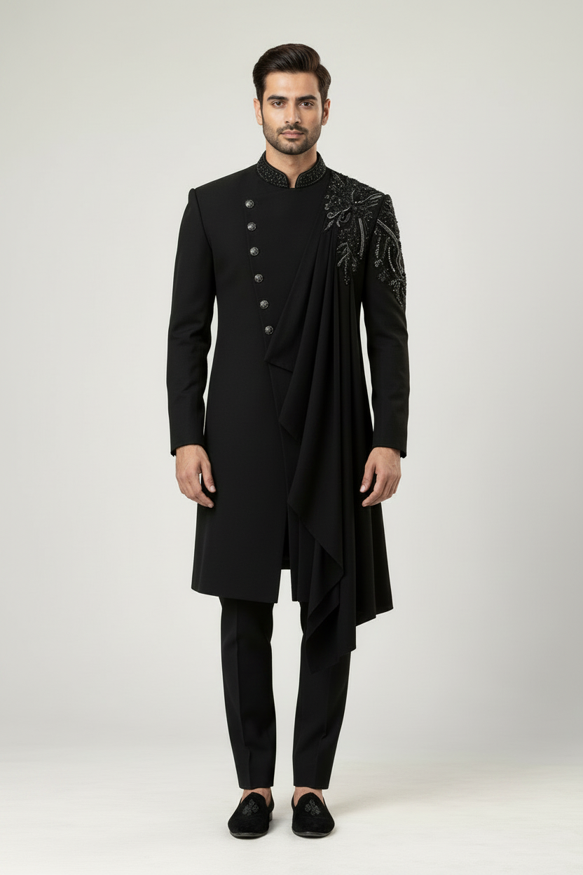 Men's Black Embroidered Draped Indo-Western Sherwani with Mandarin Collar