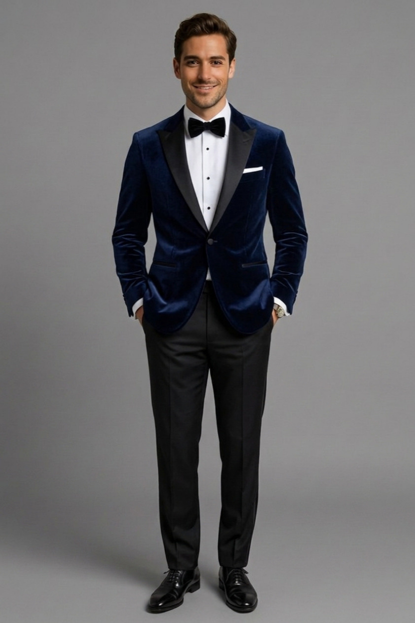ack view of a tailored midnight blue velvet dinner jacket and black formal trousers on a model, showing theFull-length front view of a model in a single-button midnight blue velvet tuxedo with black satin peak lapels, black trousers, and patent leather shoes.CSide profile of a model wearing a midnight blue velvet tuxedo jacket and black tailored trousers, displaying the slim-fit silhouette and sleek arm drape.lose-up shot of a midnight blue velvet tuxedo jacket featuring black satin peak lapels, a black velvet bow tie, and a white pleated dress shirt with black studs. clean silhouette and shoulder structure.