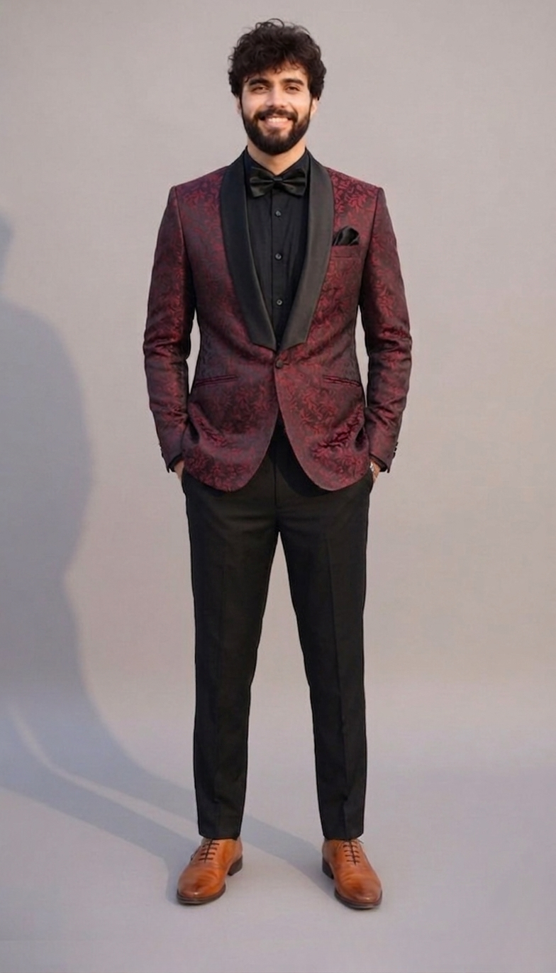 Black and maroon floral jacquard 2-piece tuxedo blazer