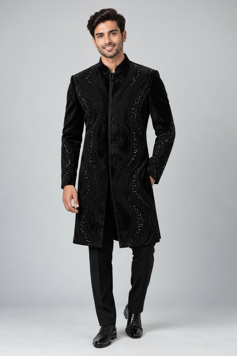 Men's Black Velvet Wave Embroidered Indo-Western with Matching Trousers