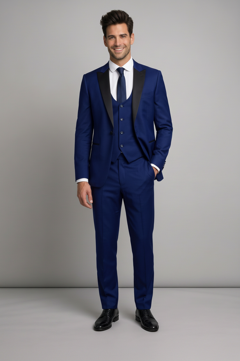 Three Piece Midnight Blue Wedding Tuxedo Suit