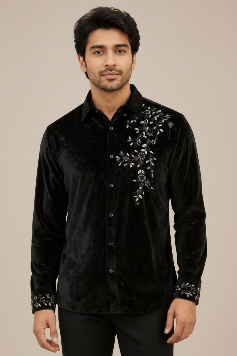 Black Asteria Embroidered Velvet Shirt