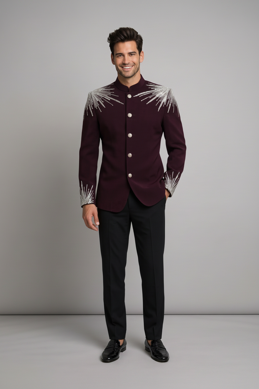 Men's Wine Embroidered Jodhpuri Suit With Silver Shoulder And Cuff Detailing