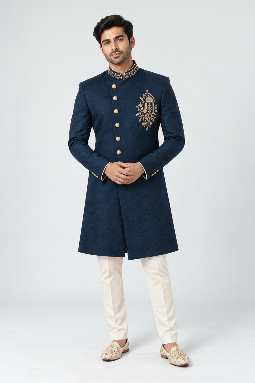Mens Navy Blue Gold Embroidered Indo Western Sherwani (Azure Darbar)
