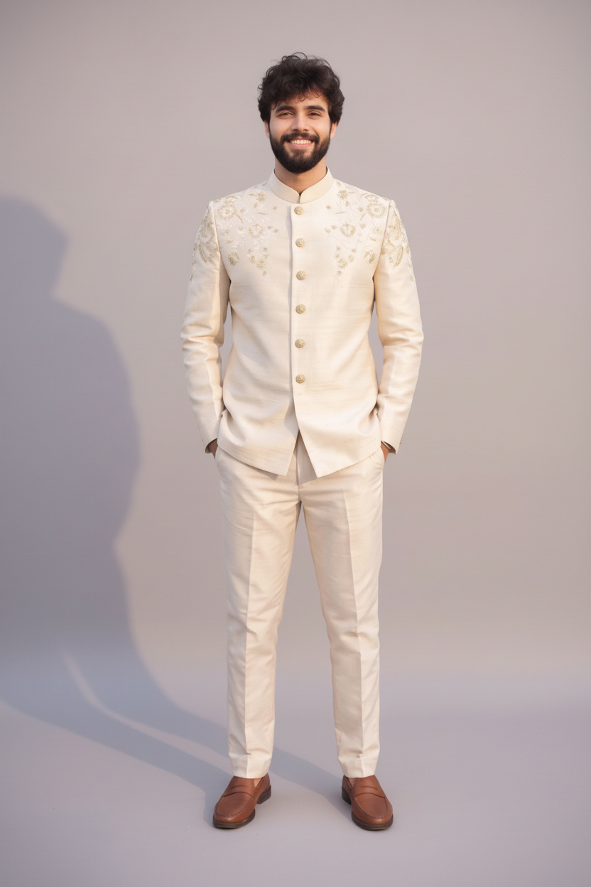 Men's Beige Raw Silk Embroidered Jodhpuri Suit (Ivory Bloom)