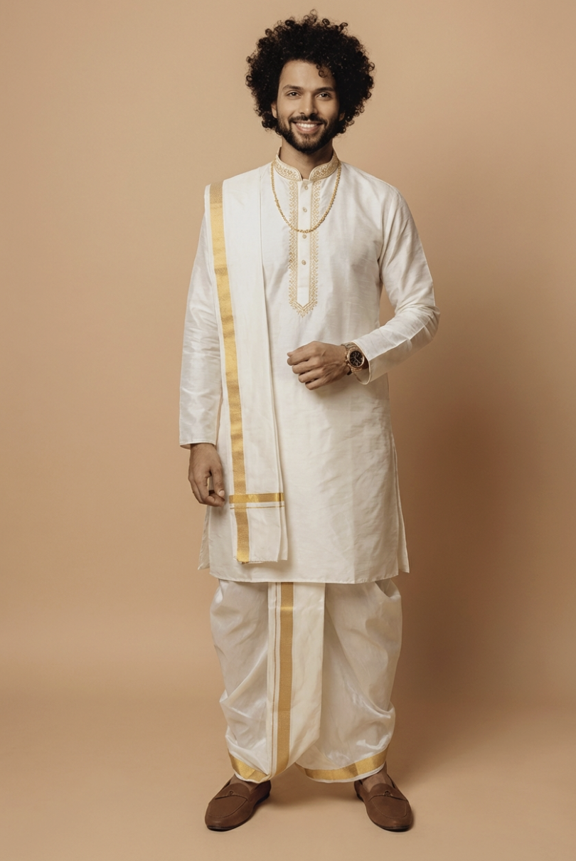 Off White Heritage Kurta Set with Traditional Dhoti
