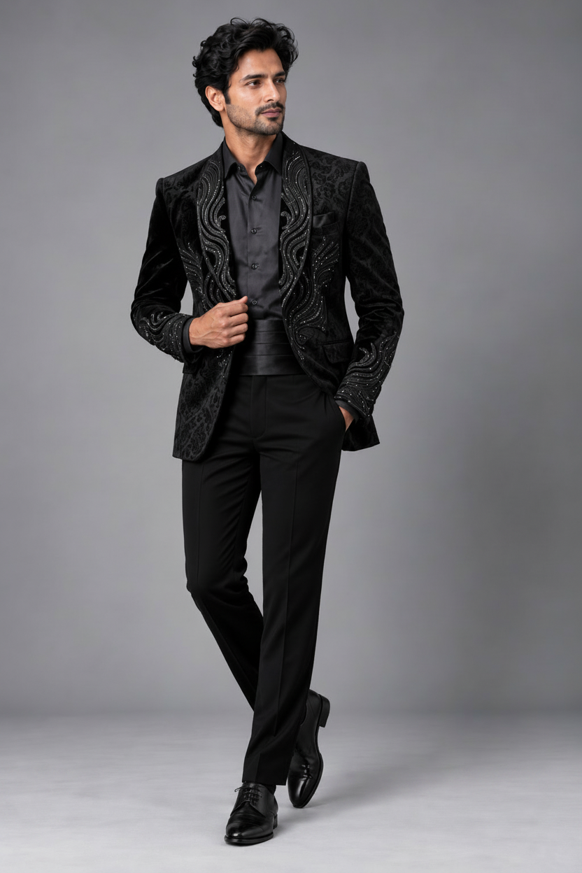 Men's Black Velvet Wave Embroidered Designer Tuxedo with Shawl Lapels