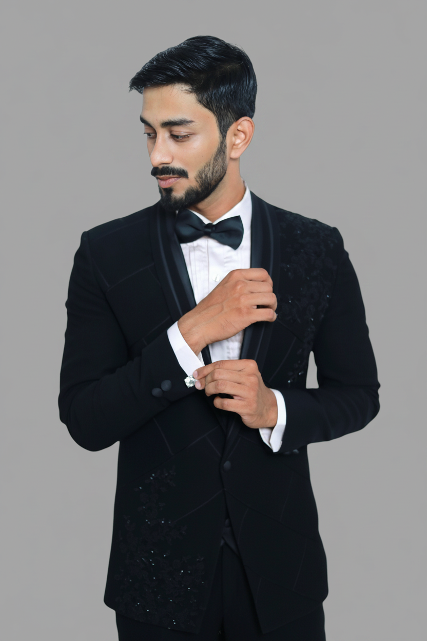 Black self beaded embroidery tuxedo