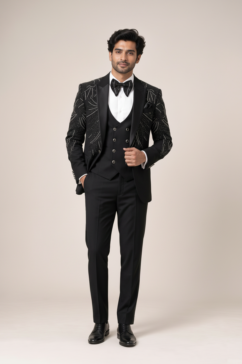 Men’s Black Metallic Embroidered Three-Piece Tuxedo (Noir Éclat)