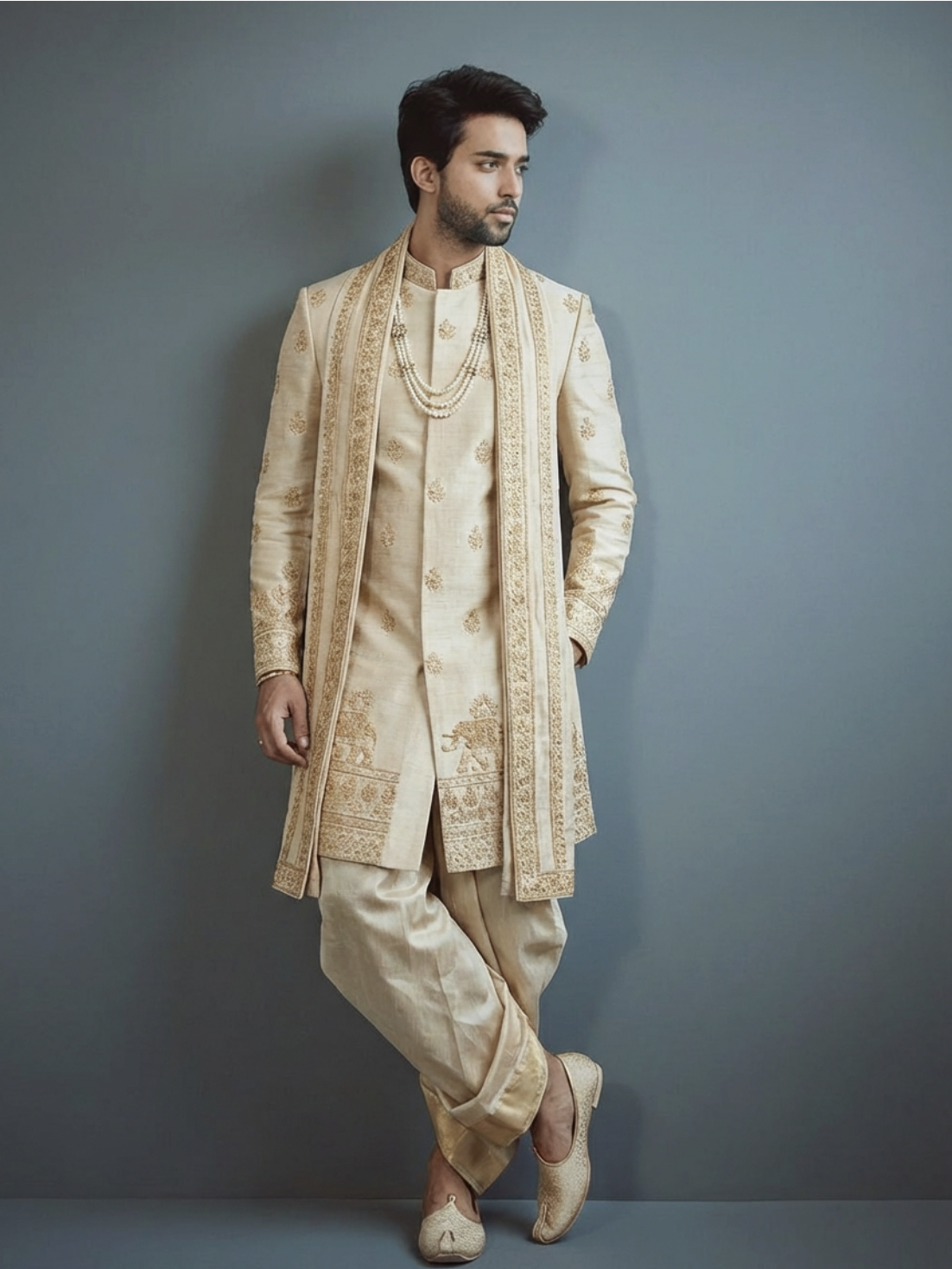Light Gold Sherwani with Hand Work 