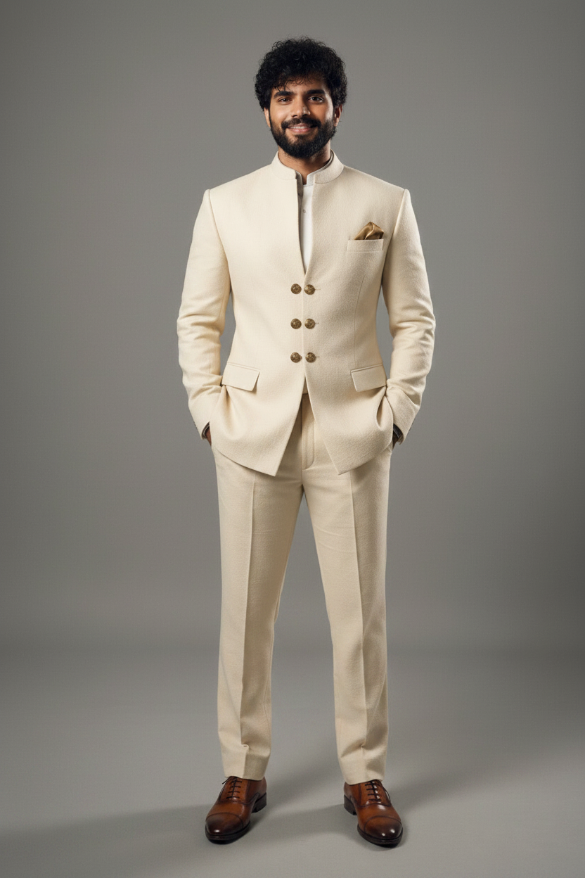 Men's cream Jodhpuri suit with gold buttons and tailored trousers