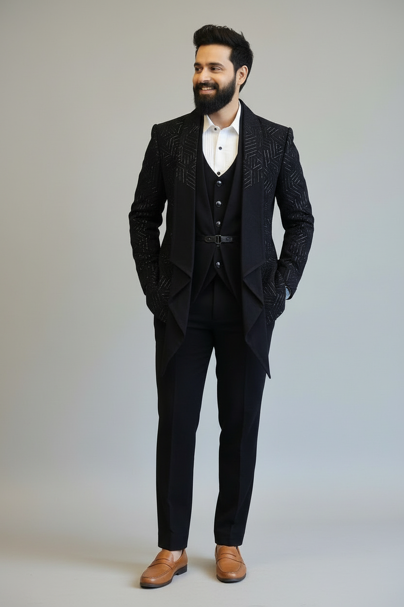 Men’s Black Textured Three-Piece Suit (Noir Strata)