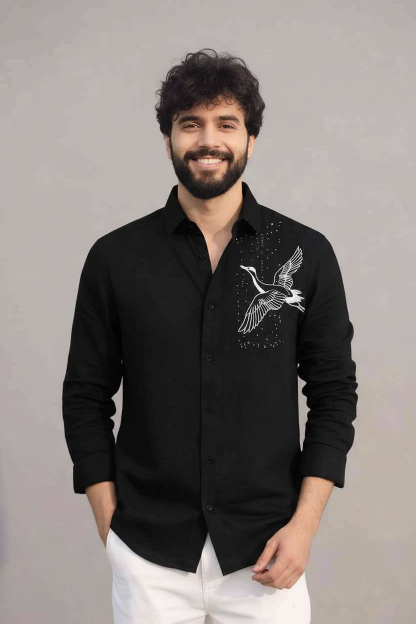 The Midnight Black Crane | Hand-Painted Artisanal shirt