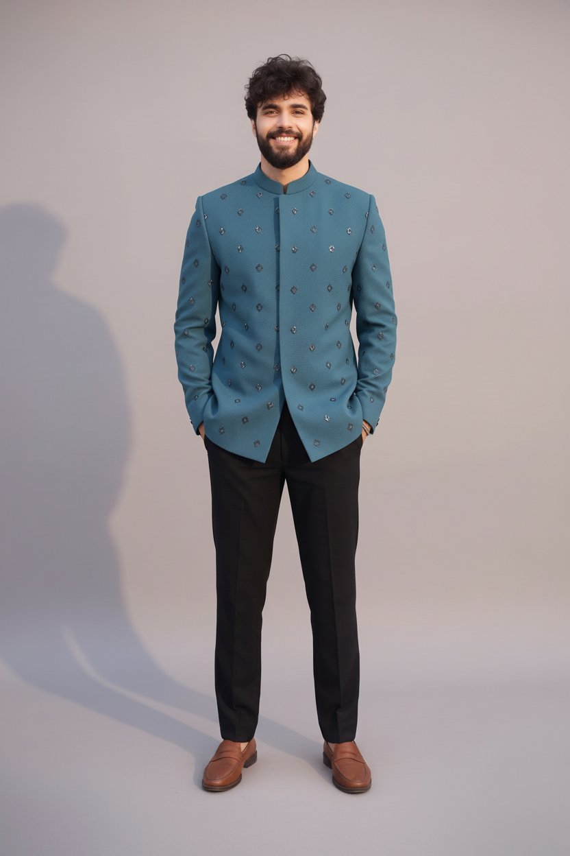 Men's Ash Blue Jodhpuri Suit With Metallic Cut Dana Embroidery And Black Trousers