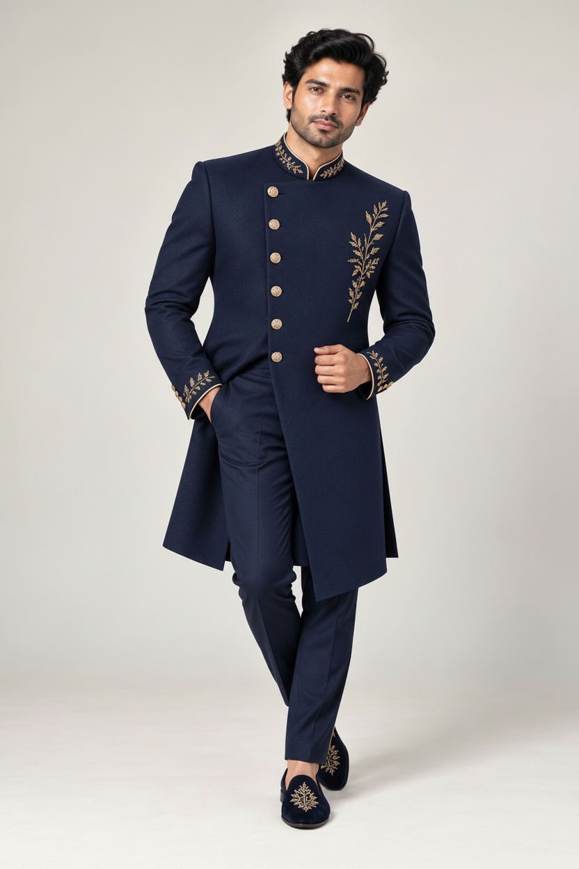 Mens Navy Blue Designer Indo Western (Botanica)