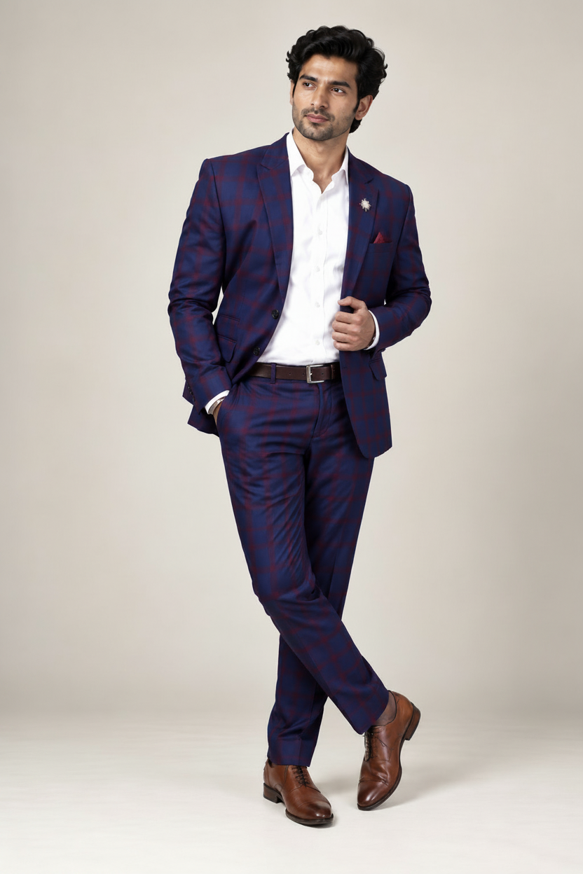 navy blue and maroon checkered suit