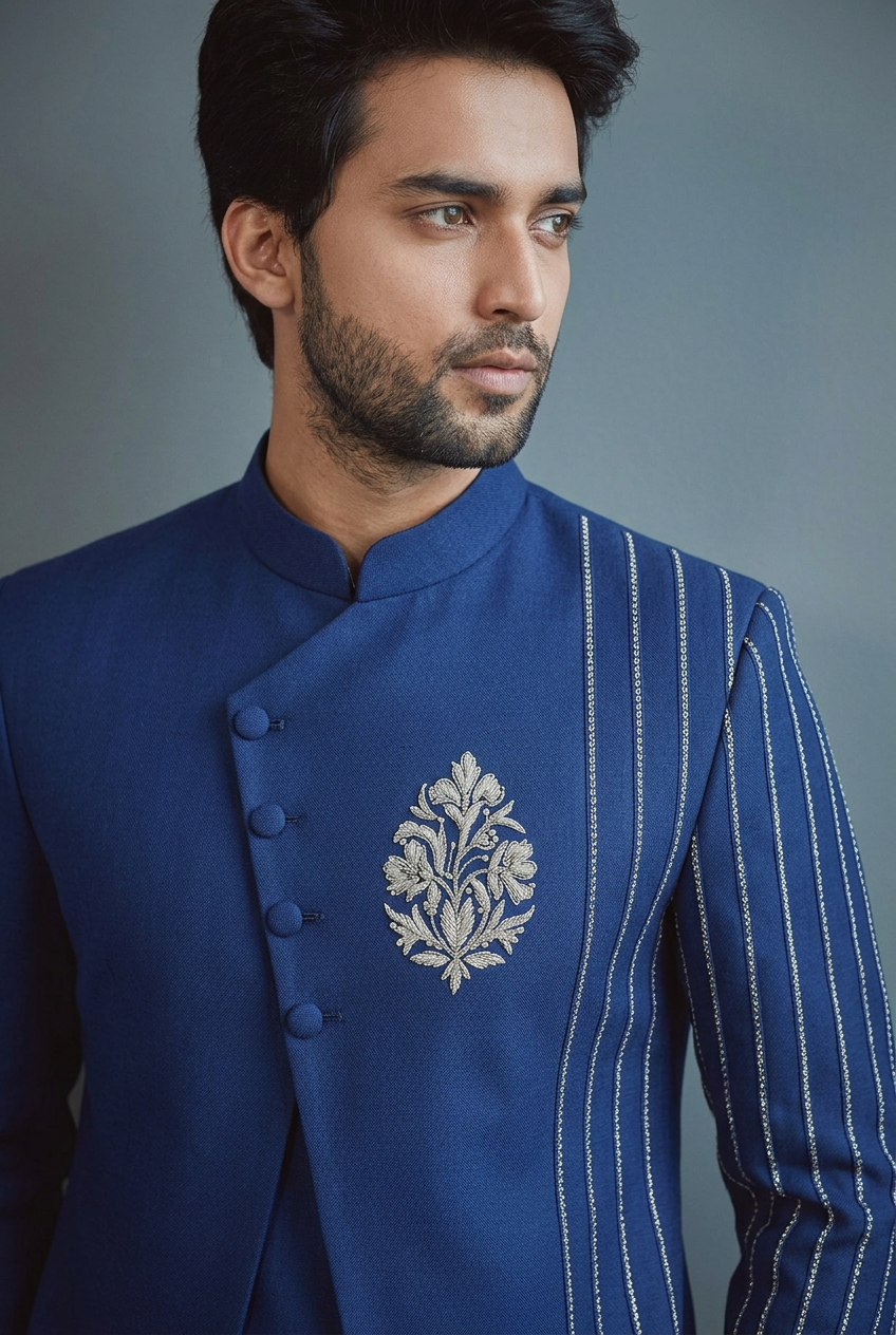 Royal Sapphire Asymmetric Indo-Western Sherwani Set