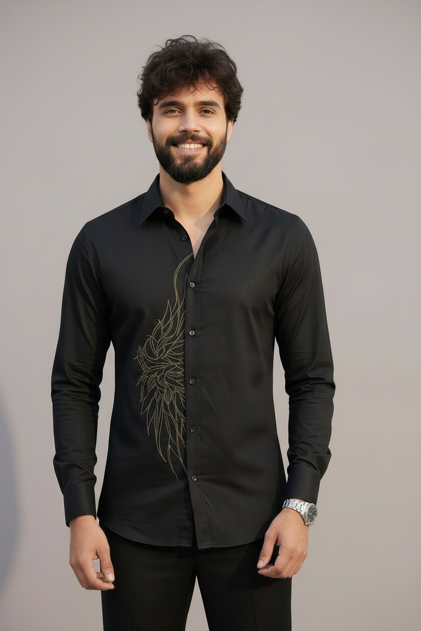 The Midnight Black Phoenix Hand-Embroidered Shirt