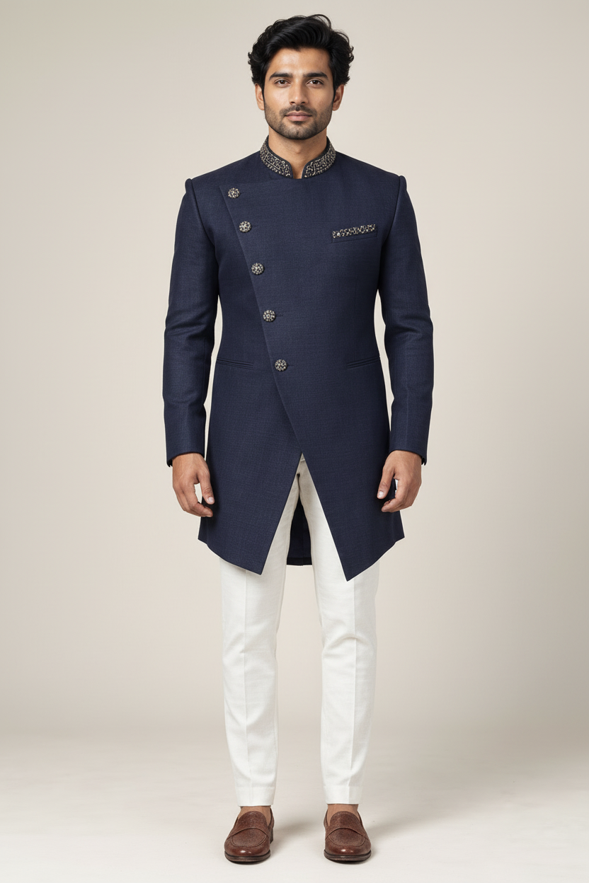 Men's Navy Blue Asymmetric Indo-Western Sherwani (Royal Midnight)