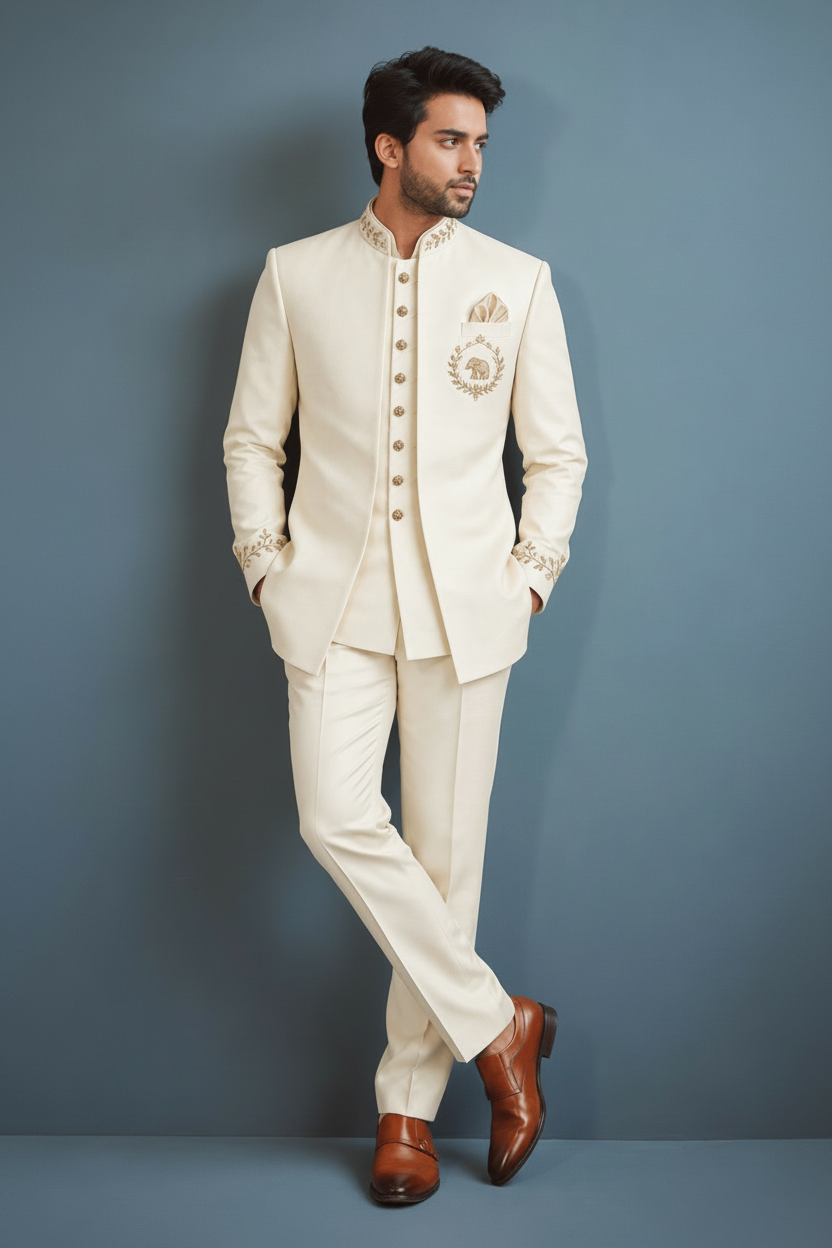 Mens Ivory Gold Embroidered Indo Western Suit (Ivory Heritage)
