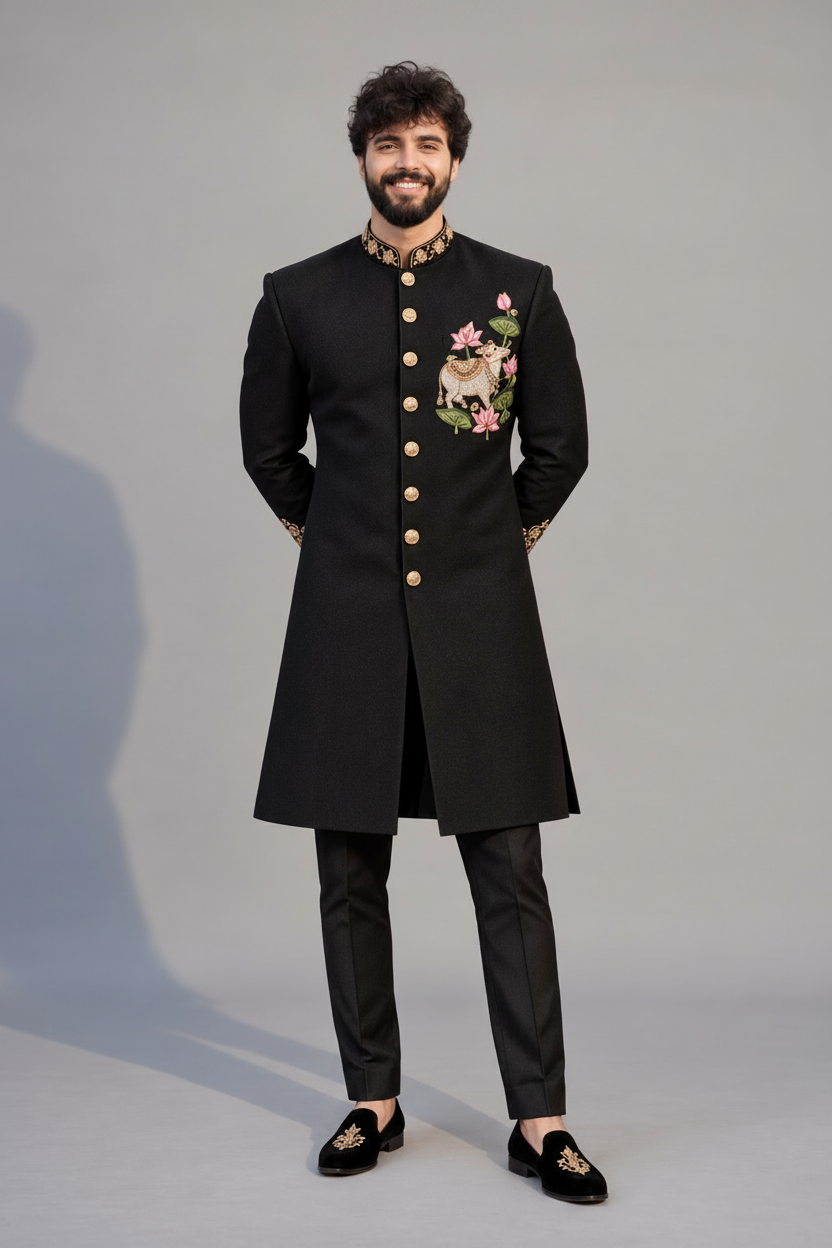 Men's Black Cow Embroidered Indo-Western Sherwani (Lotus Heritage)