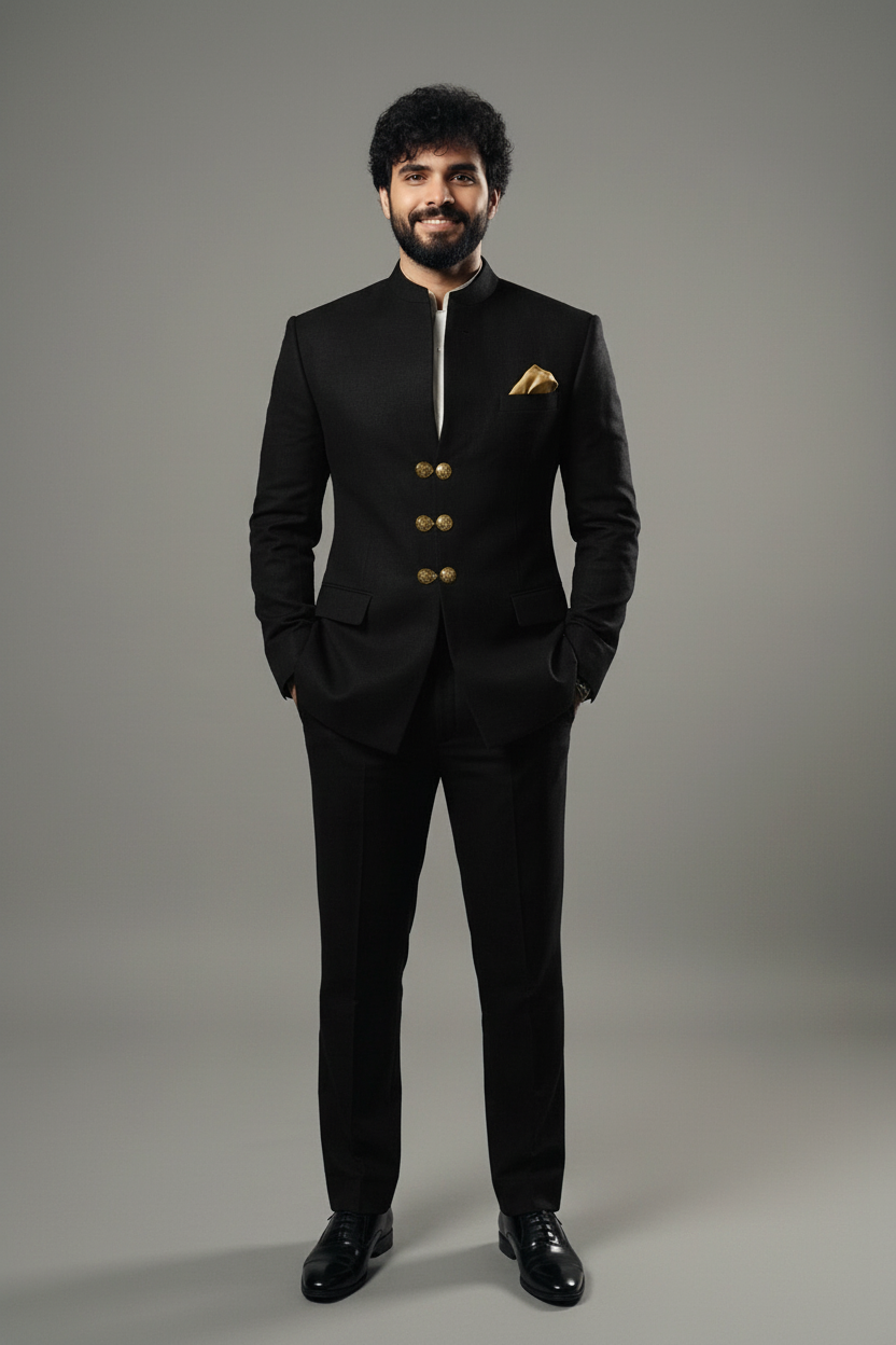 Men's black bandhgala Jodhpuri set with gold buttons and tailored trousers