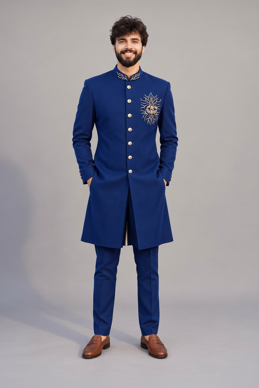 Men's Royal Blue Embroidered Indo-Western Sherwani (Royal Azure)