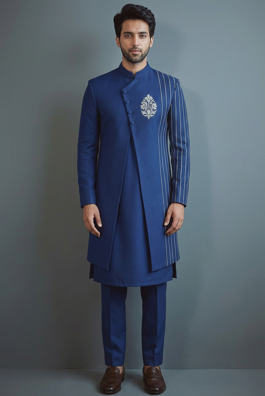 Royal sapphire blue asymmetric Indo-Western sherwani for men with silver embroidered crest, matching kurta and trousers, ideal for weddings and receptions.