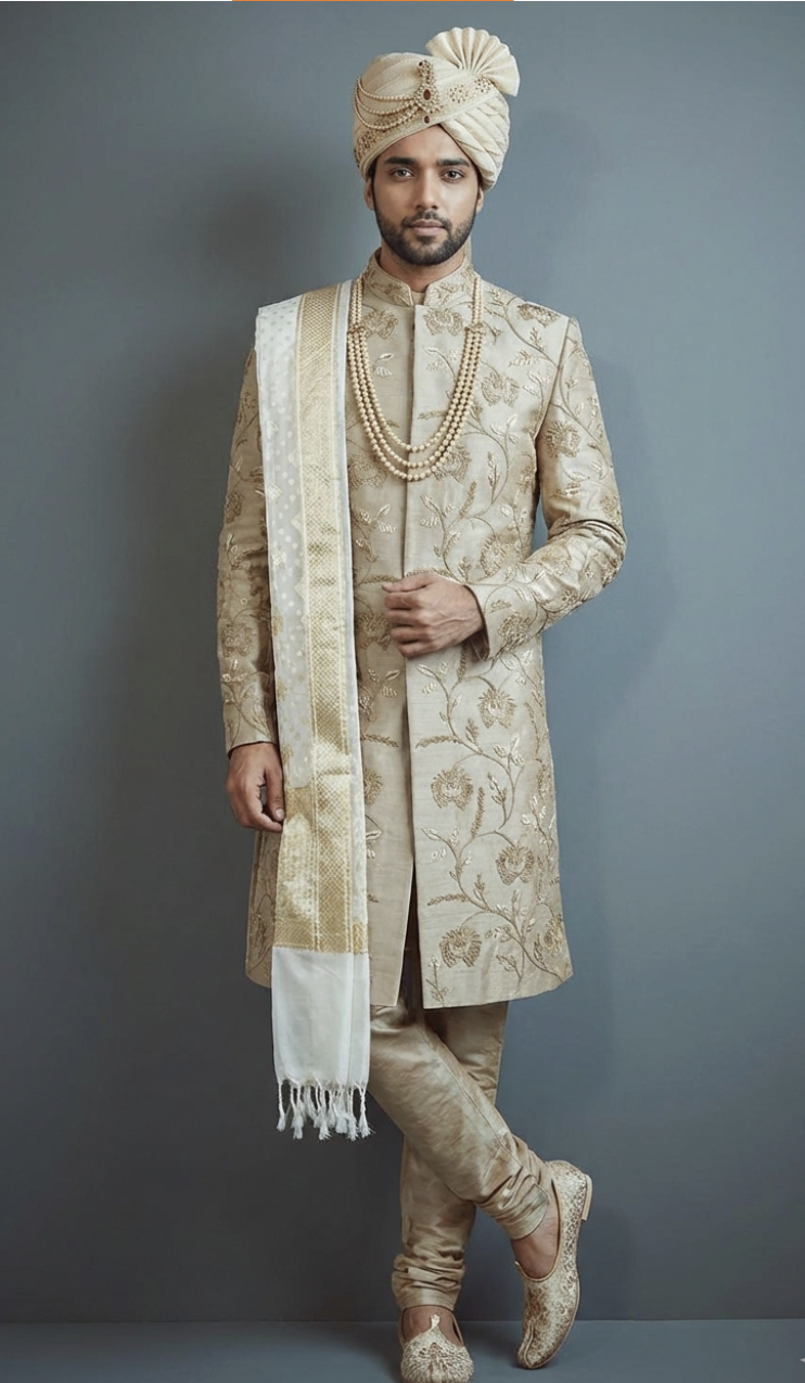 Pure Raw Silk Handcrafted Beige Sherwani