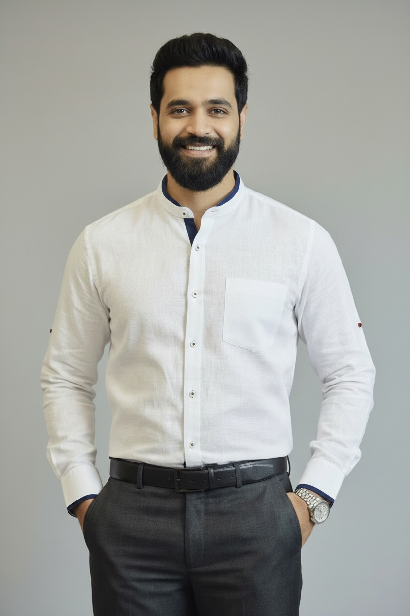 Arctic White Mandarin Collar Linen Shirt