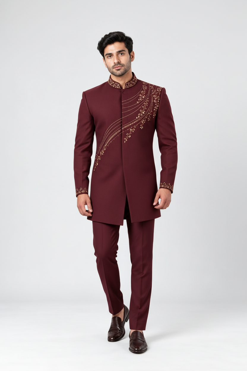 Mens Burgundy Gold Embroidered Indo Western Sherwani (Garnet Cascade)